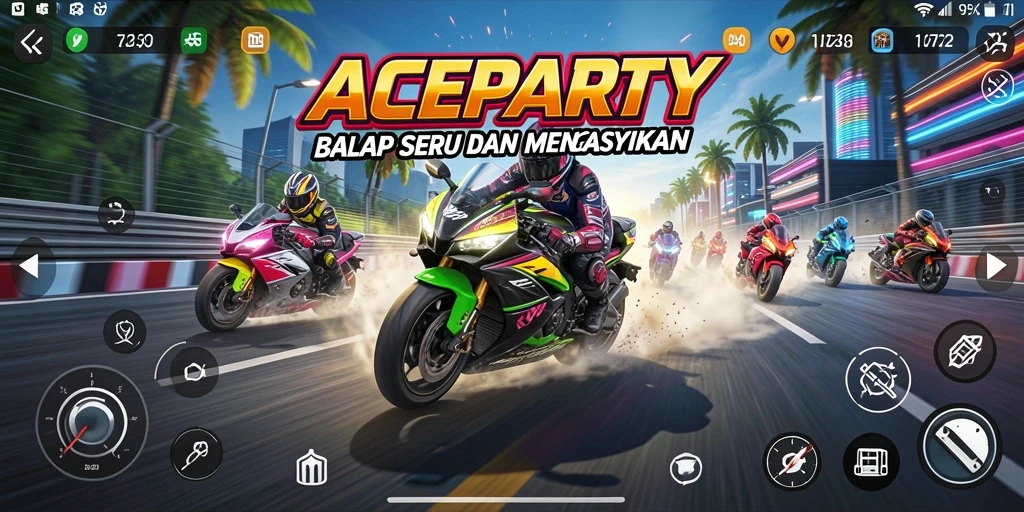 Screenshot gameplay ACEPARTY dengan aksi balap motor yang mendebarkan.