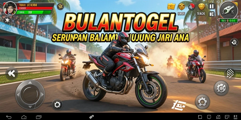 Screenshot gameplay <strong>BULANTOGEL</strong> menampilkan aksi balapan motor yang mendebarkan.