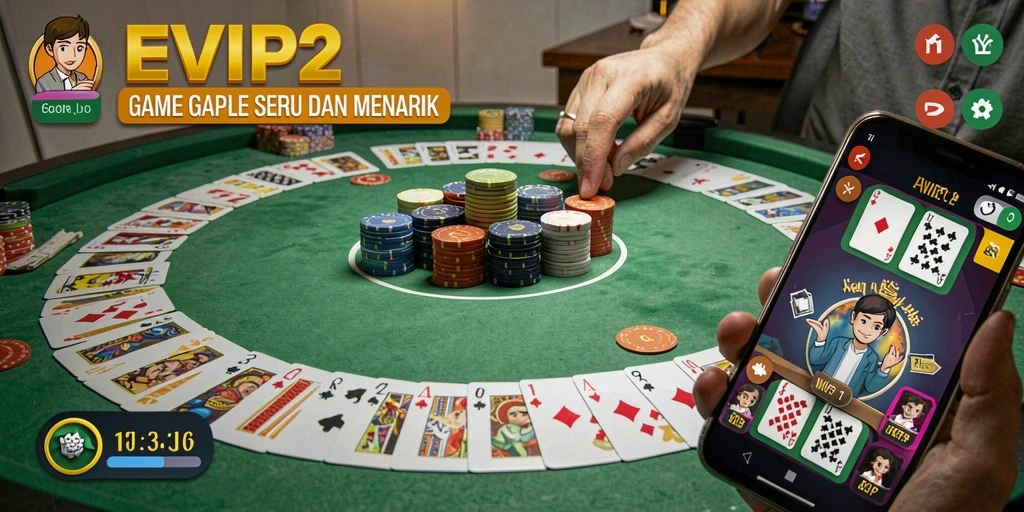 Tampilan gameplay seru EVIP2 dengan teman-teman dalam permainan Gaple.