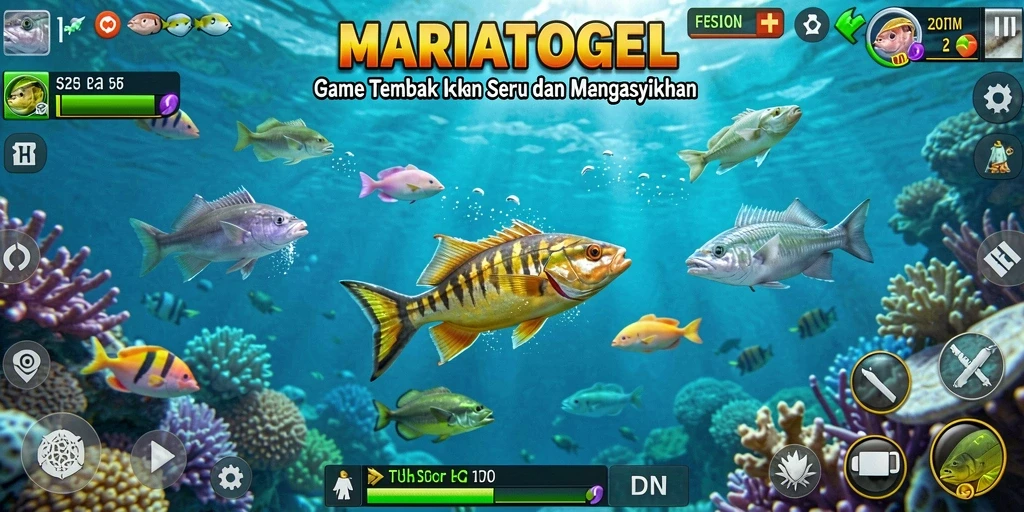 Gameplay MARIATOGEL dengan ikan yang berwarna-warni dan senjata menarik.