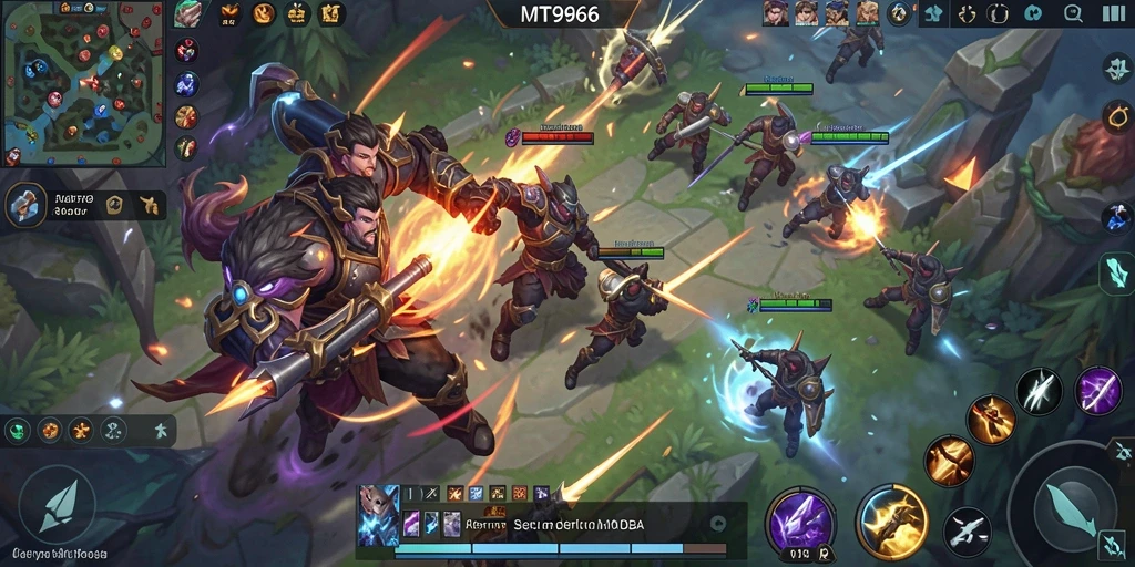 Screenshot gameplay MT966 menampilkan pertempuran tim yang epik dalam arena MOBA.