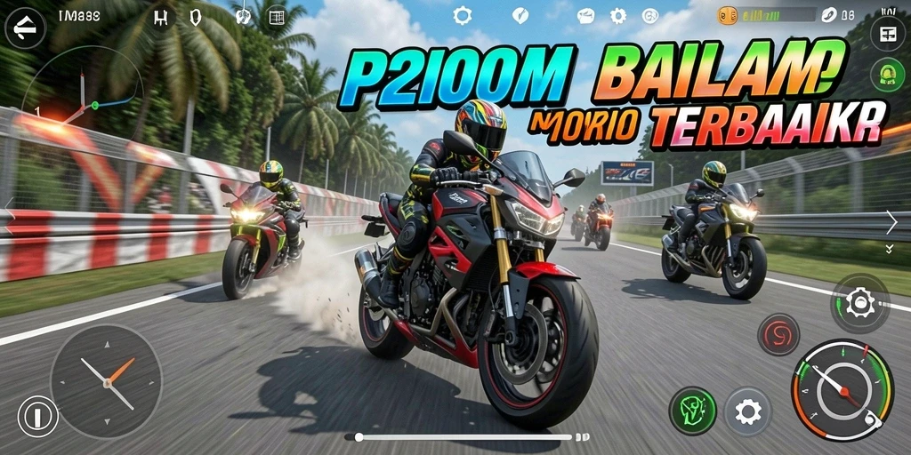 Tampilan gameplay P200M yang penuh aksi dalam balapan motor.