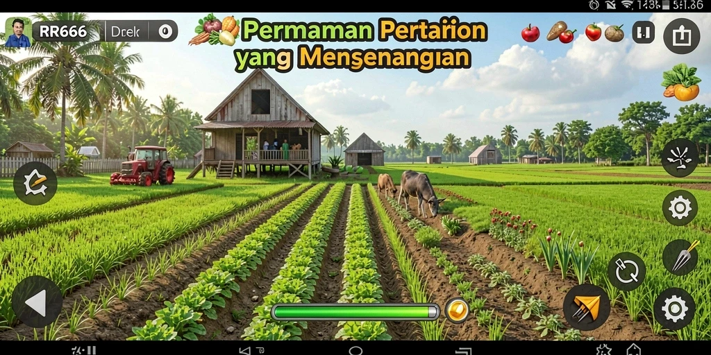 Screenshot gameplay <strong>RR666</strong> yang menunjukkan aktivitas bertani yang menyenangkan.
