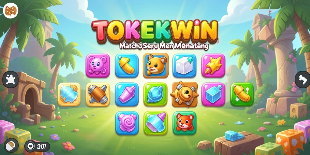 Screenshot utama TOKEKWIN menampilkan gameplay seru Match-3 dengan grafis yang menarik.