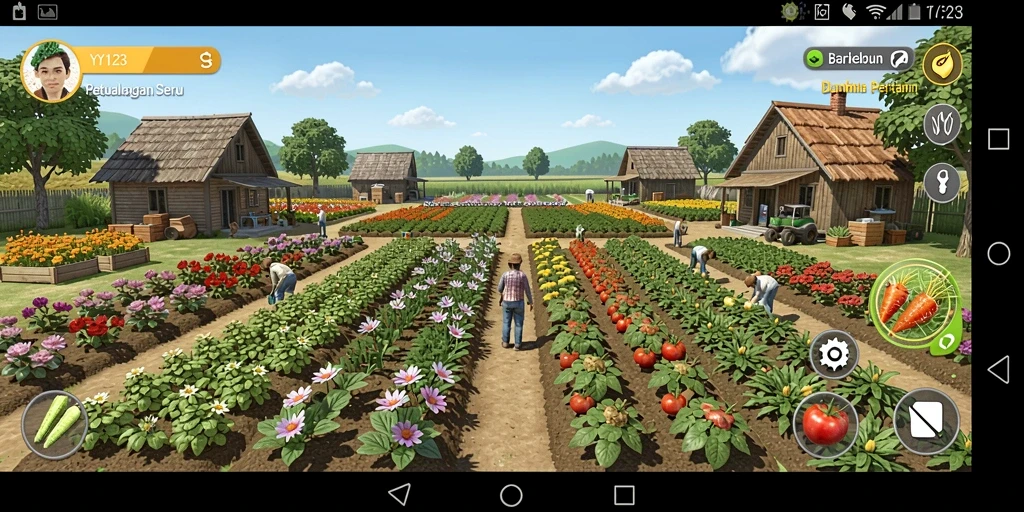 Screenshot gameplay menunjukkan aktivitas berkebun yang seru di YY123.